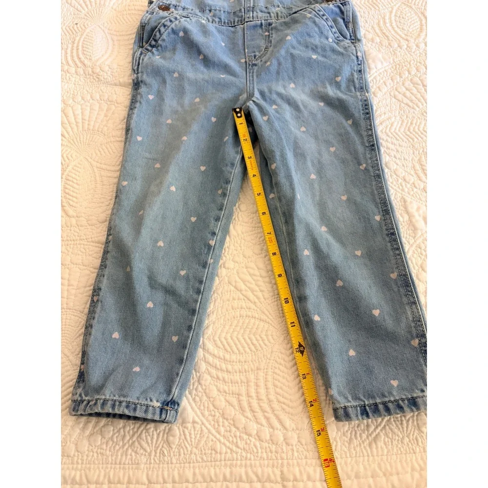 OshKosh Bgosh Girls 4T Blue Denim Heart Print Bib Overalls Heart‎ Pocket